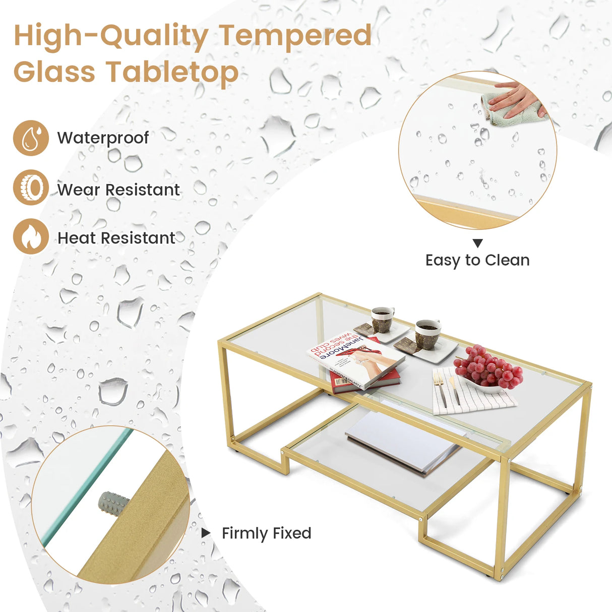 Modern 2-Tier Rectangular Coffee Table with Glass Table Top-Golden