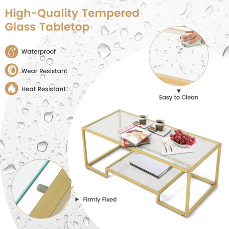 Modern 2-Tier Rectangular Coffee Table with Glass Table Top-Golden