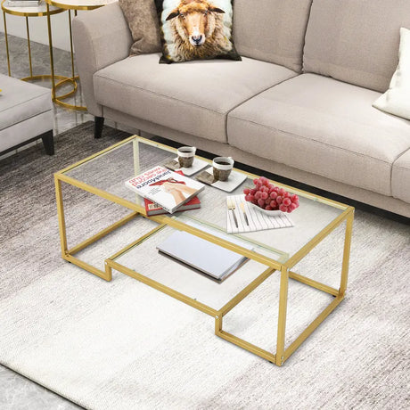 Modern 2-Tier Rectangular Coffee Table with Glass Table Top-Golden
