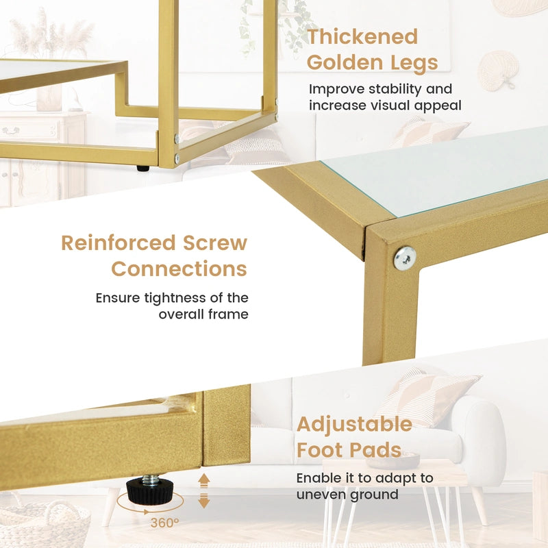 Modern 2-Tier Rectangular Coffee Table with Glass Table Top-Golden