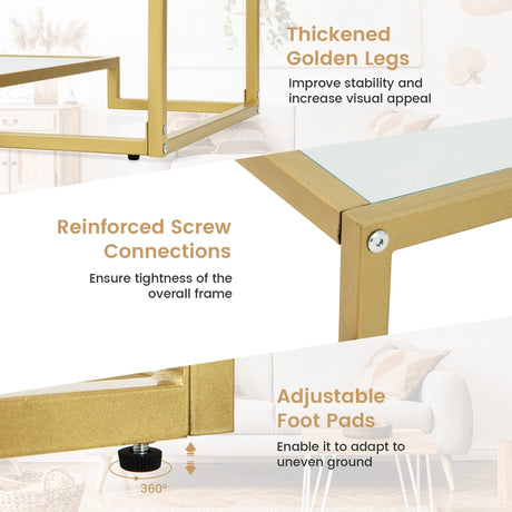 Modern 2-Tier Rectangular Coffee Table with Glass Table Top-Golden
