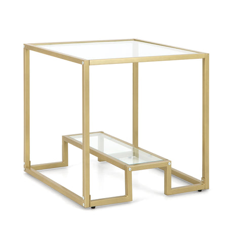 22 Inch 2-Tier Square Sofa Side Table with Tempered Glass Tabletop-Golden
