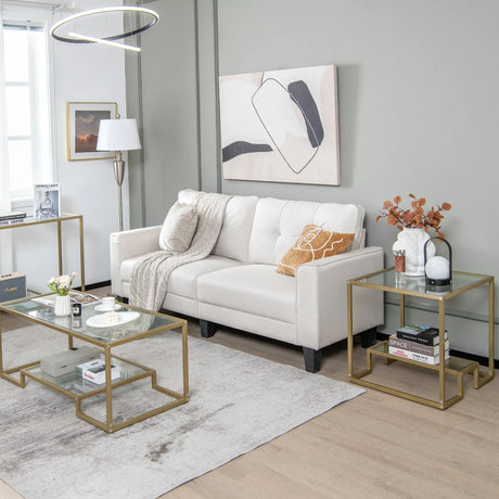 22 Inch 2-Tier Square Sofa Side Table with Tempered Glass Tabletop-Golden