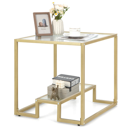 22 Inch 2-Tier Square Sofa Side Table with Tempered Glass Tabletop-Golden
