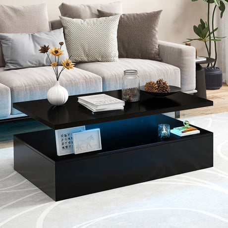 Modern 2-tier High Glossy Black Coffee Table with Adjustable Light Colors-Black