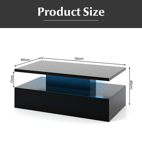 Modern 2-tier High Glossy Black Coffee Table with Adjustable Light Colors-Black