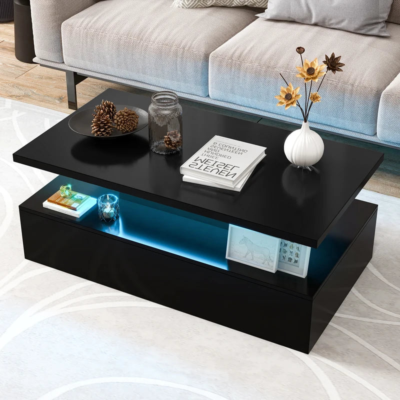 Modern 2-tier High Glossy Black Coffee Table with Adjustable Light Colors-Black