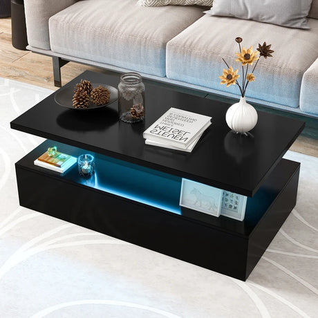 Modern 2-tier High Glossy Black Coffee Table with Adjustable Light Colors-Black