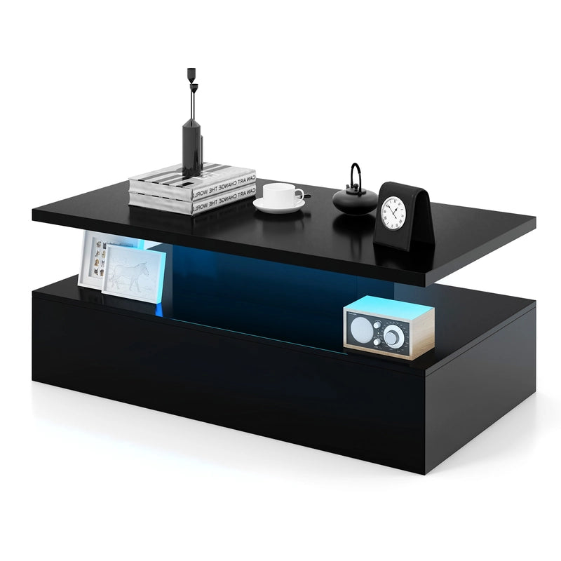 Modern 2-tier High Glossy Black Coffee Table with Adjustable Light Colors-Black