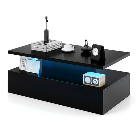 Modern 2-tier High Glossy Black Coffee Table with Adjustable Light Colors-Black