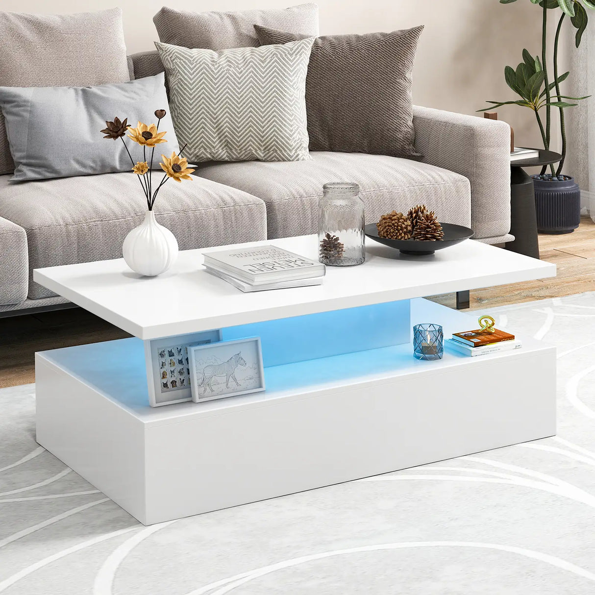 Modern 2-tier High Glossy Black Coffee Table with Adjustable Light Colors-White