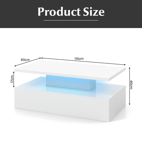 Modern 2-tier High Glossy Black Coffee Table with Adjustable Light Colors-White
