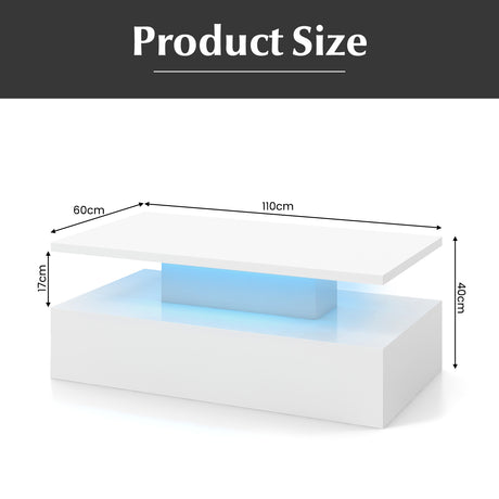 Modern 2-tier High Glossy Black Coffee Table with Adjustable Light Colors-White