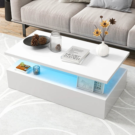 Modern 2-tier High Glossy Black Coffee Table with Adjustable Light Colors-White