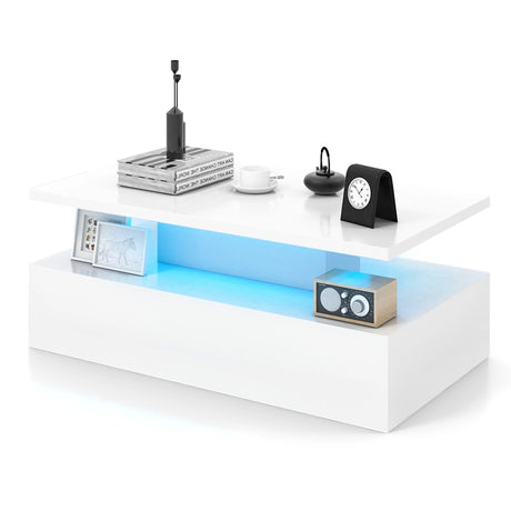 Modern 2-tier High Glossy Black Coffee Table with Adjustable Light Colors-White