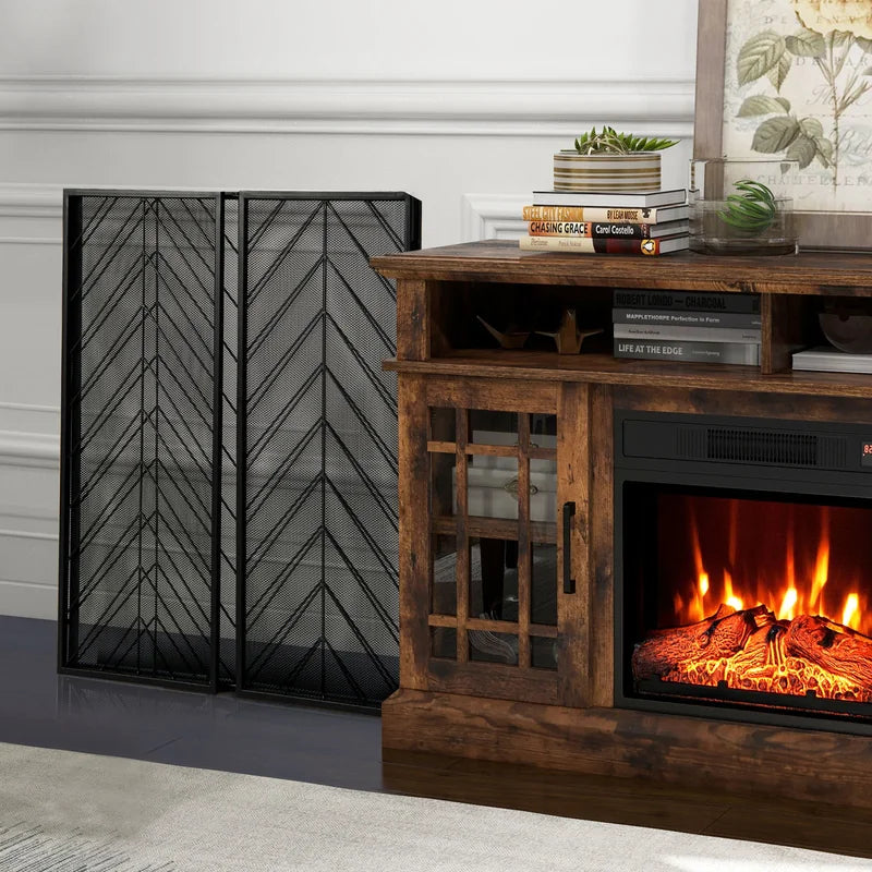 3-Panel Metal Foldable Fireplace Screen with Metal Mesh-Black