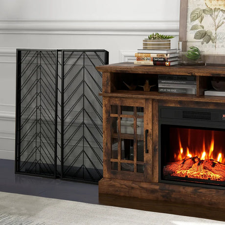 3-Panel Metal Foldable Fireplace Screen with Metal Mesh-Black