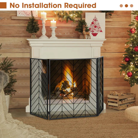 3-Panel Metal Foldable Fireplace Screen with Metal Mesh-Black