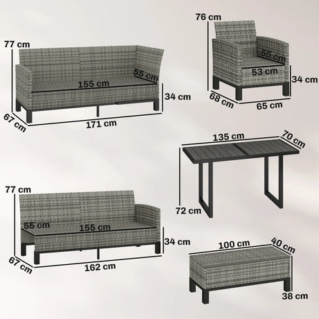 Outsunny 9 Seater Rattan Garden Furniture Corner Sofa Set, Outdoor Dining Set with Faux Wood Table, Ottoman, Cushions, Dark Grey