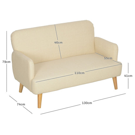 HOMCOM Velvet Feel Fabric 2 Seater Sofa, Small Sofa Loveseat with 21cm Thick Padding and Wood Legs, Cream White