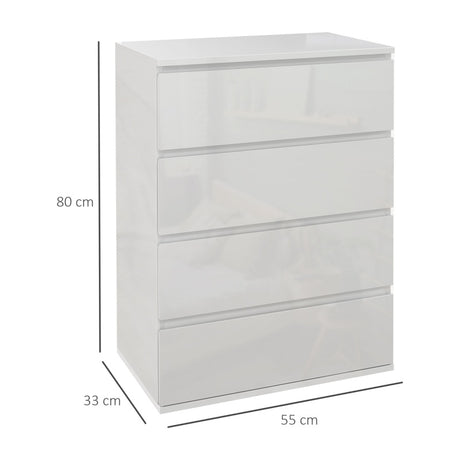 HOMCOM High Gloss Chest of Drawers, 4-Drawer Storage Cabinets, Modern Dresser for Bedroom, White