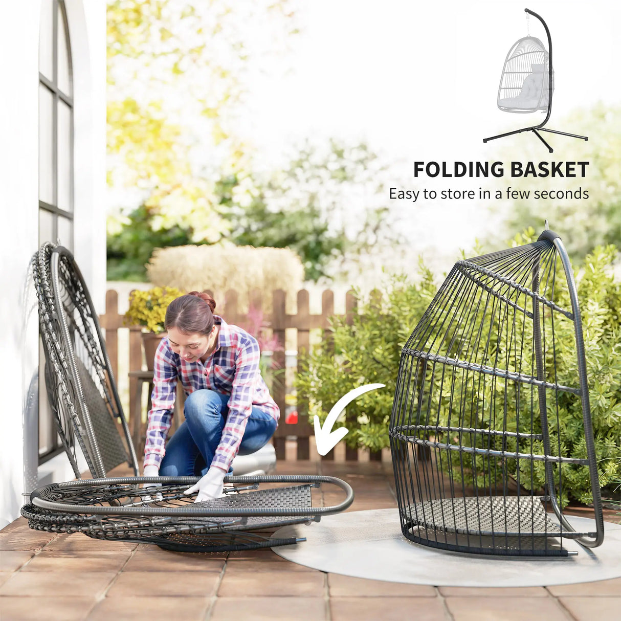 Outsunny Rattan Hanging Egg Chair with Stand, Foldable Wicker Swing Egg Chair with Cushion, Head Pillow, Steel Frame, Hammock Chair for Indoor Outdoor, Capacity 150 kg, Dark Grey