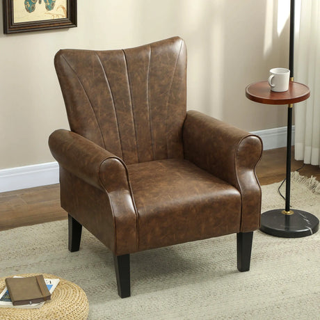 HOMCOM Upholstered Accent Chair with Rolled Arms and Wood Legs, Armchair for Living Room Bedroom, Brown