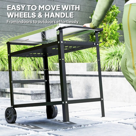 Outsunny BBQ Trolley with Stainless Steel Top Adjustable Shelf, Outdoor Kitchen Barbecue Station with Hooks Seasoning Tray Towel Rack, Pizza Oven Table Movable Grill Dining Cart with Cover, Black