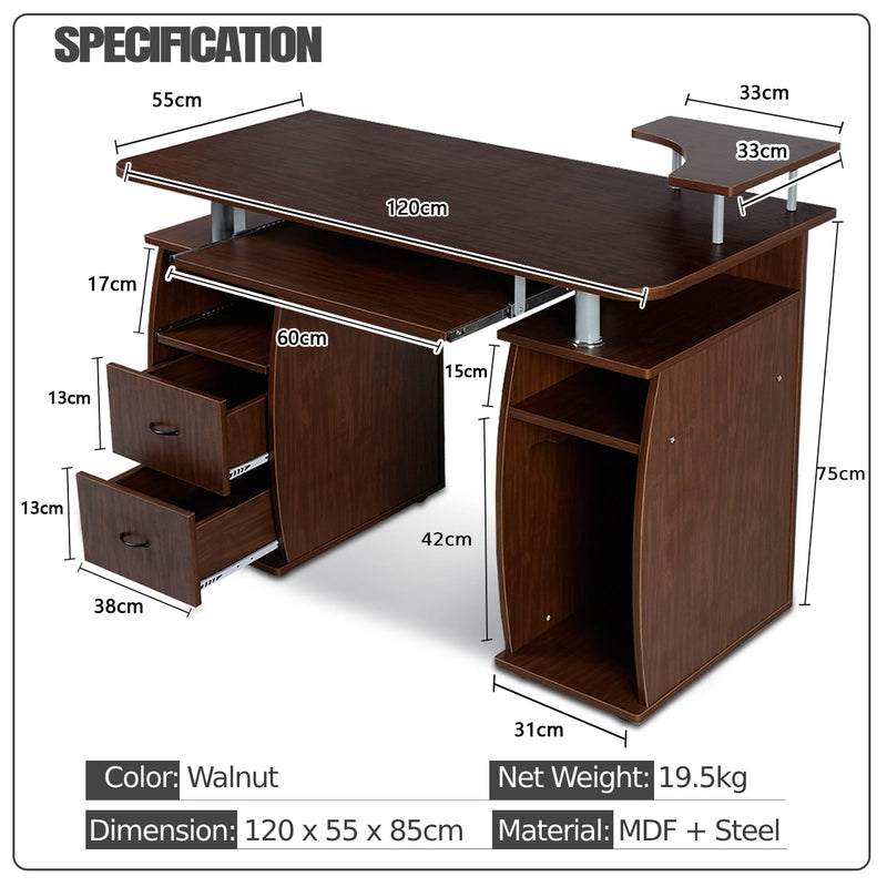 Desk Computer table Office table PC table with printer shelf, keyboard tray-walnut