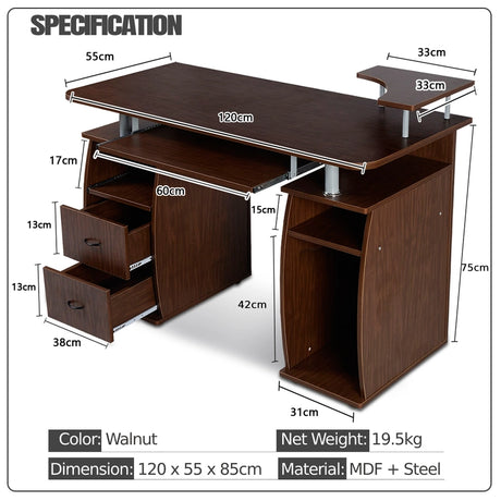 Desk Computer table Office table PC table with printer shelf, keyboard tray-walnut