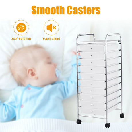 10 Drawer Rolling Storage Cart Organizer-Clear