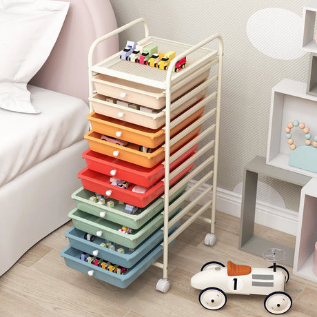 10 Drawer Rolling Storage Cart Organizer with 4 Universal Casters-Macaron Multicolor