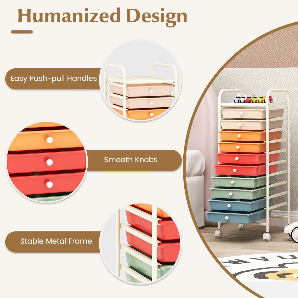 10 Drawer Rolling Storage Cart Organizer with 4 Universal Casters-Macaron Multicolor