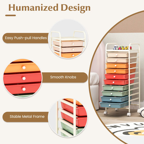 10 Drawer Rolling Storage Cart Organizer with 4 Universal Casters-Macaron Multicolor