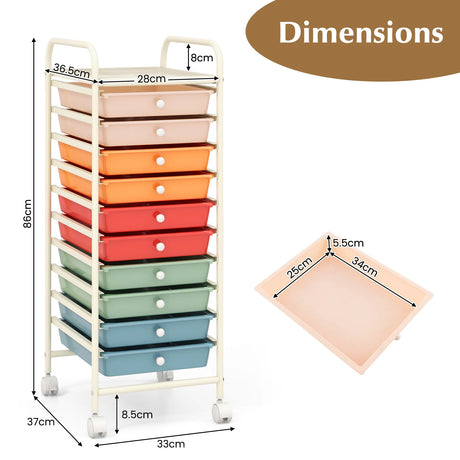 10 Drawer Rolling Storage Cart Organizer with 4 Universal Casters-Macaron Multicolor