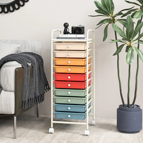 10 Drawer Rolling Storage Cart Organizer with 4 Universal Casters-Macaron Multicolor