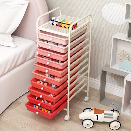 10 Drawer Rolling Storage Cart Organizer with 4 Universal Casters-Gradient Pink