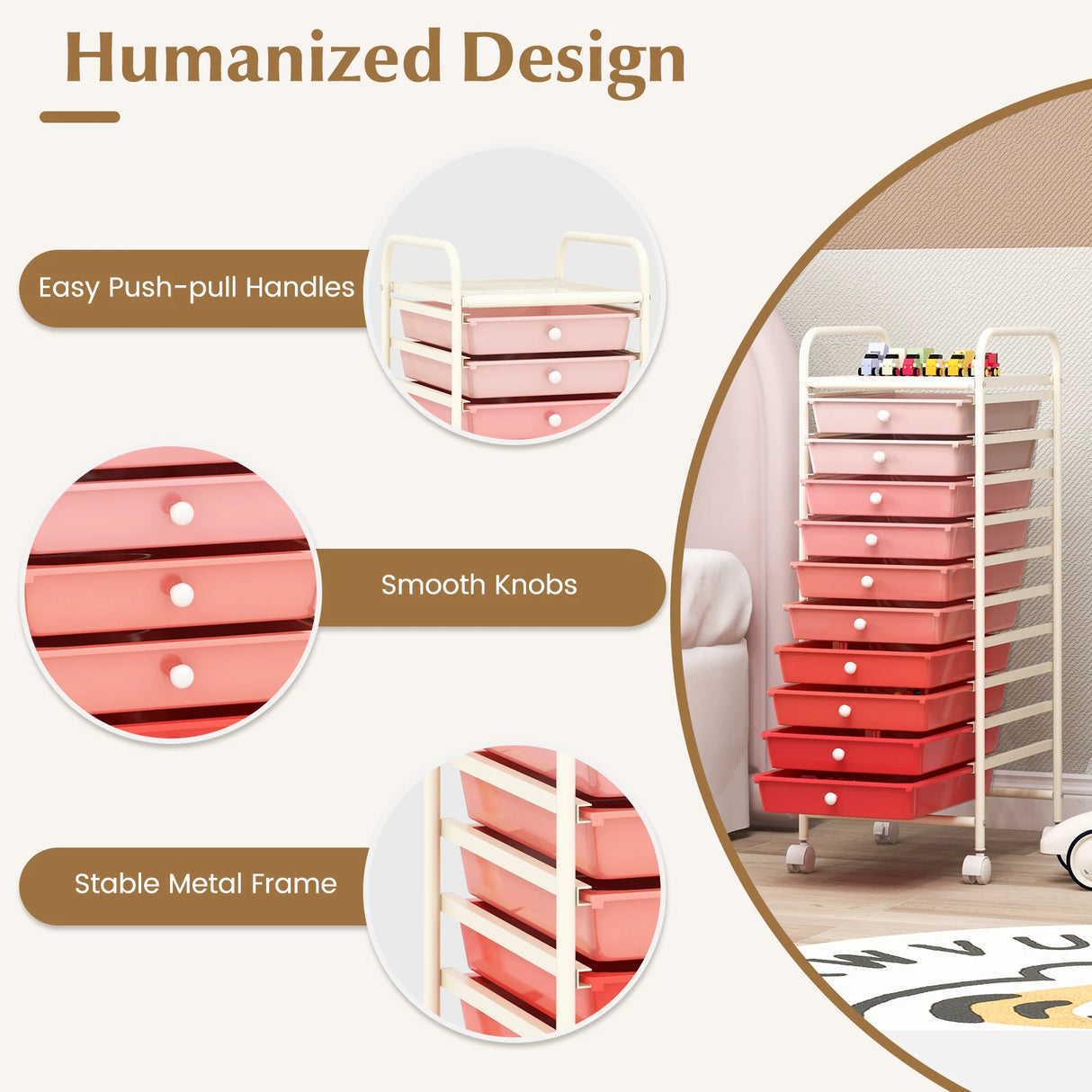 10 Drawer Rolling Storage Cart Organizer with 4 Universal Casters-Gradient Pink