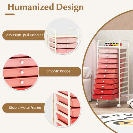10 Drawer Rolling Storage Cart Organizer with 4 Universal Casters-Gradient Pink