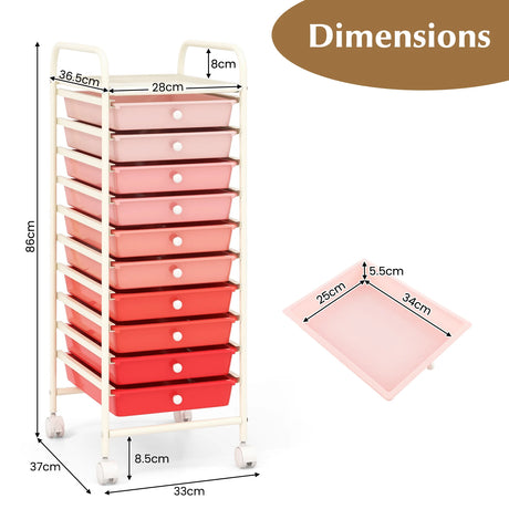 10 Drawer Rolling Storage Cart Organizer with 4 Universal Casters-Gradient Pink