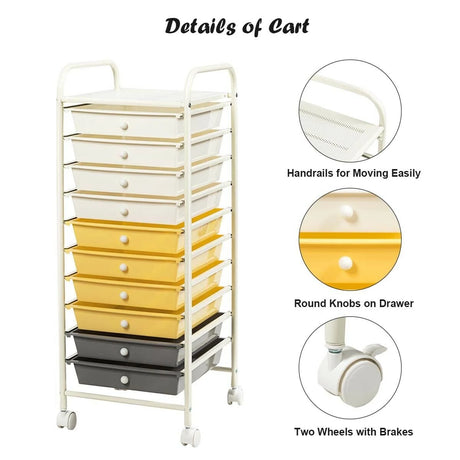 10 Drawer Rolling Storage Cart Organizer-Yellow