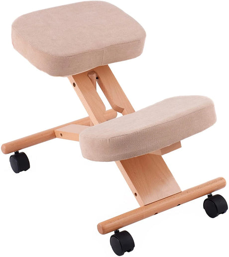 Ergonomic Kneeling Chair Wooden Adjustable Mobile Padded Seat and Knee-beige