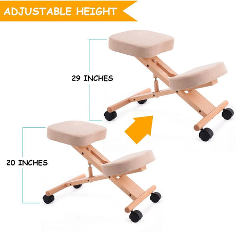 Ergonomic Kneeling Chair Wooden Adjustable Mobile Padded Seat and Knee-beige