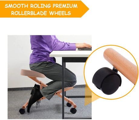 Ergonomic Kneeling Chair Wooden Adjustable Mobile Padded Seat and Knee-beige
