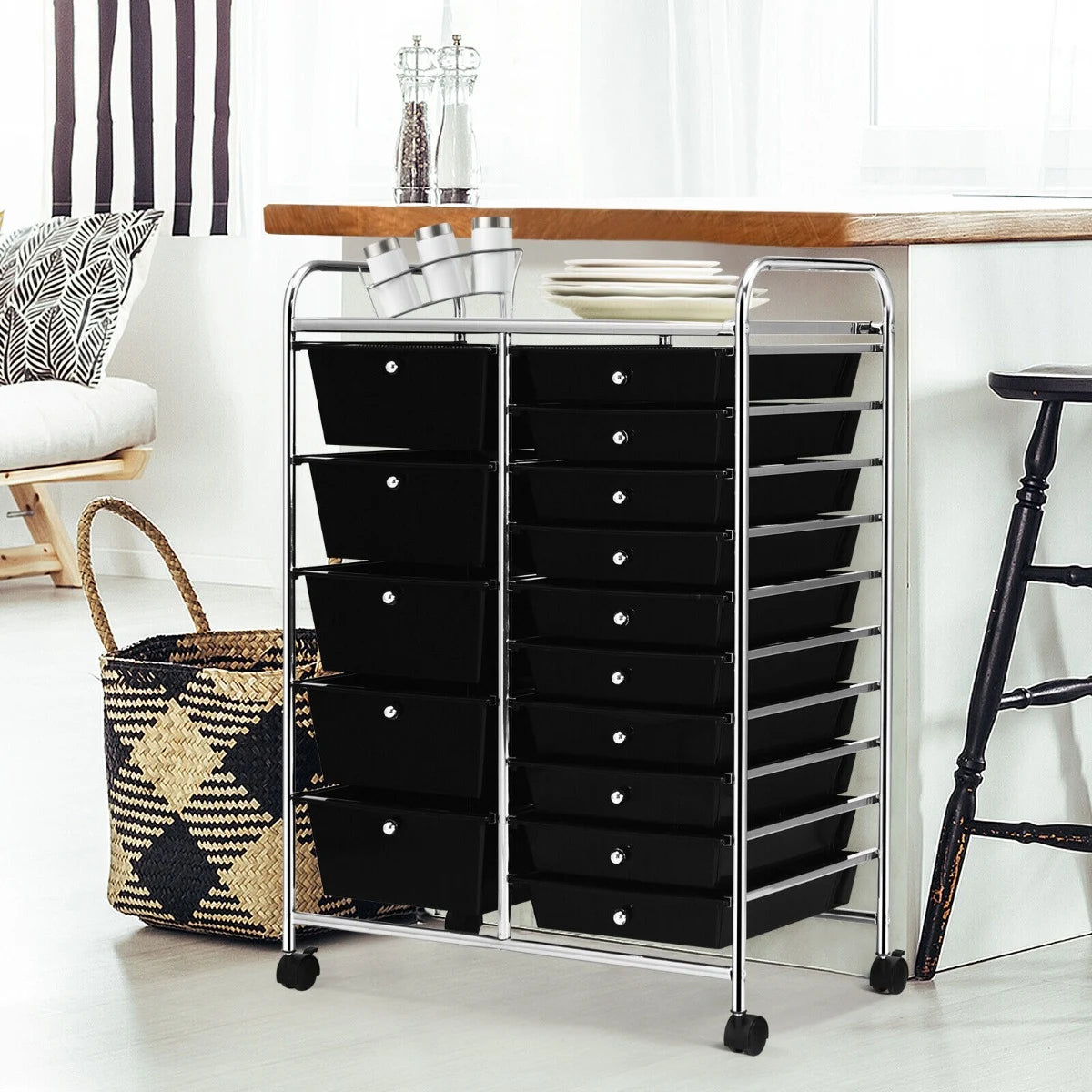 15 Drawer Rolling Storage Cart with Wheels for Home Office Black