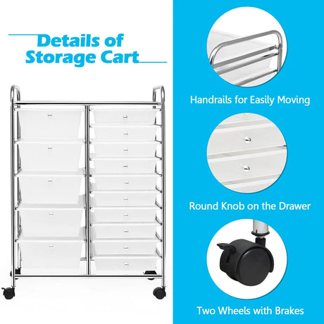 15 Drawer Rolling Storage Cart with Wheels for Home Office Clear
