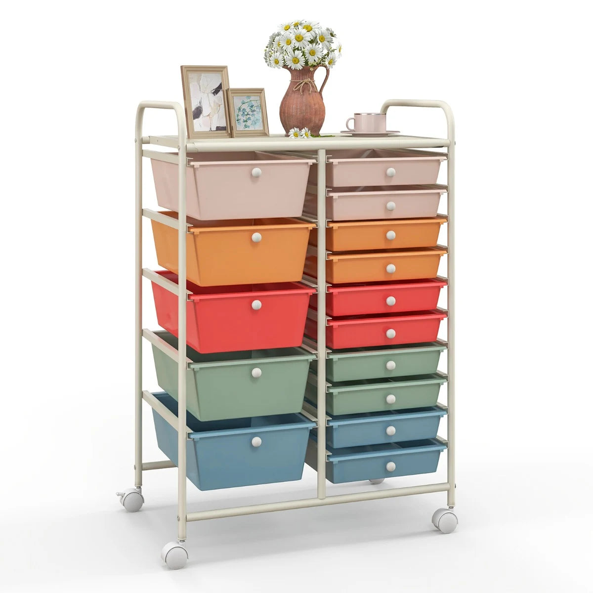 15-Drawer Utility Rolling Organizer Cart Multi-Use Storage-Deep Multicolor
