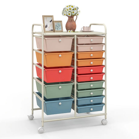 15-Drawer Utility Rolling Organizer Cart Multi-Use Storage-Deep Multicolor