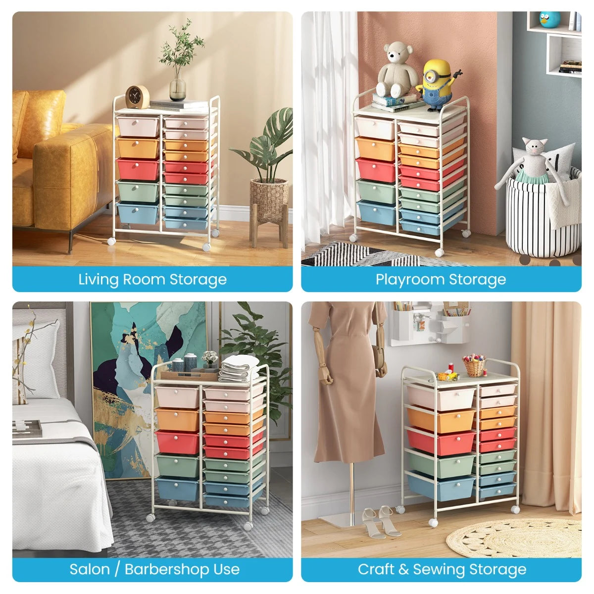 15-Drawer Utility Rolling Organizer Cart Multi-Use Storage-Deep Multicolor