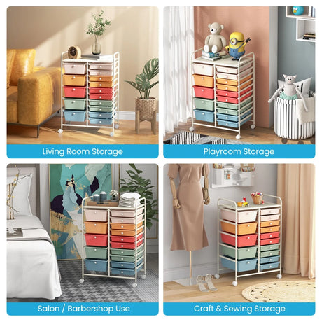 15-Drawer Utility Rolling Organizer Cart Multi-Use Storage-Deep Multicolor